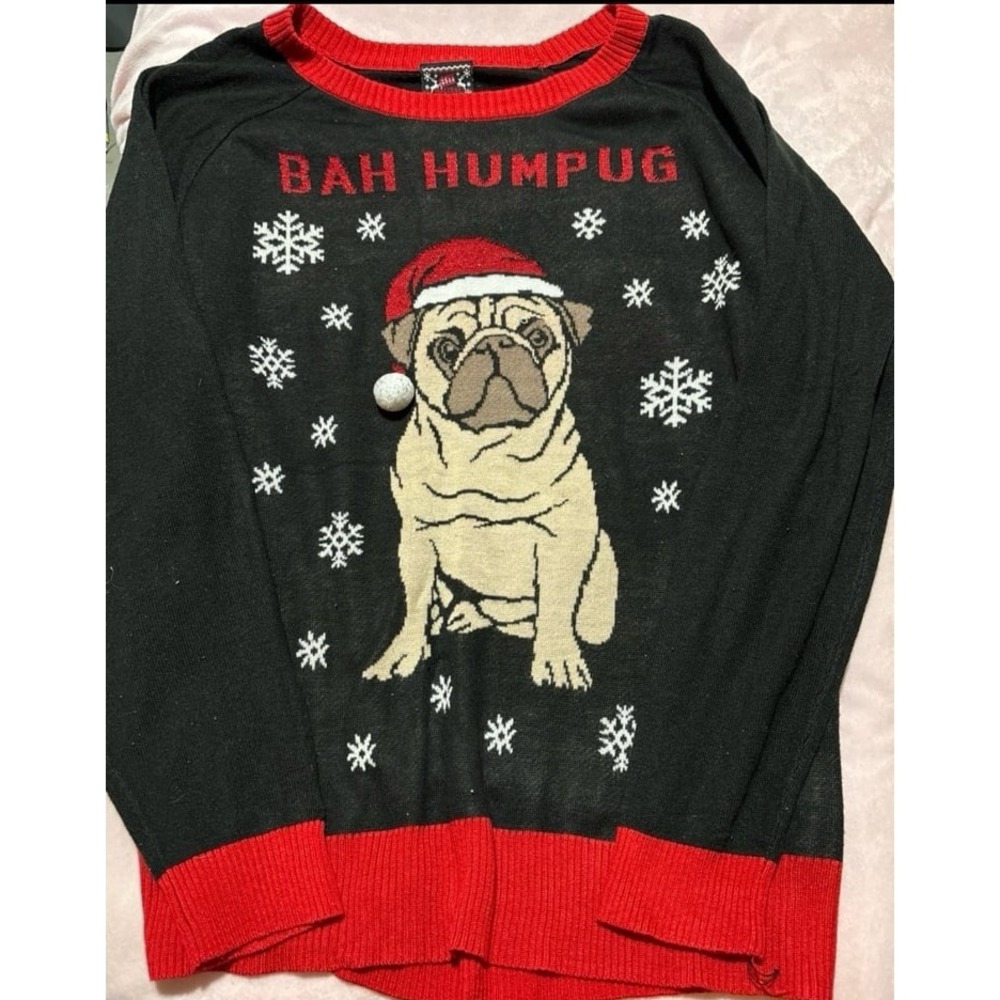 Well Worn Holiday Sweater Bah Humpug Pug Ugly Christmas Sweater, Kids XL/W Small